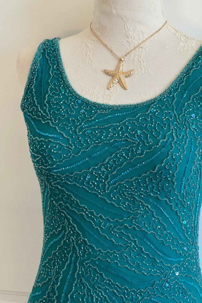 Vintage 100% Silk Teal Mini Beaded Dress