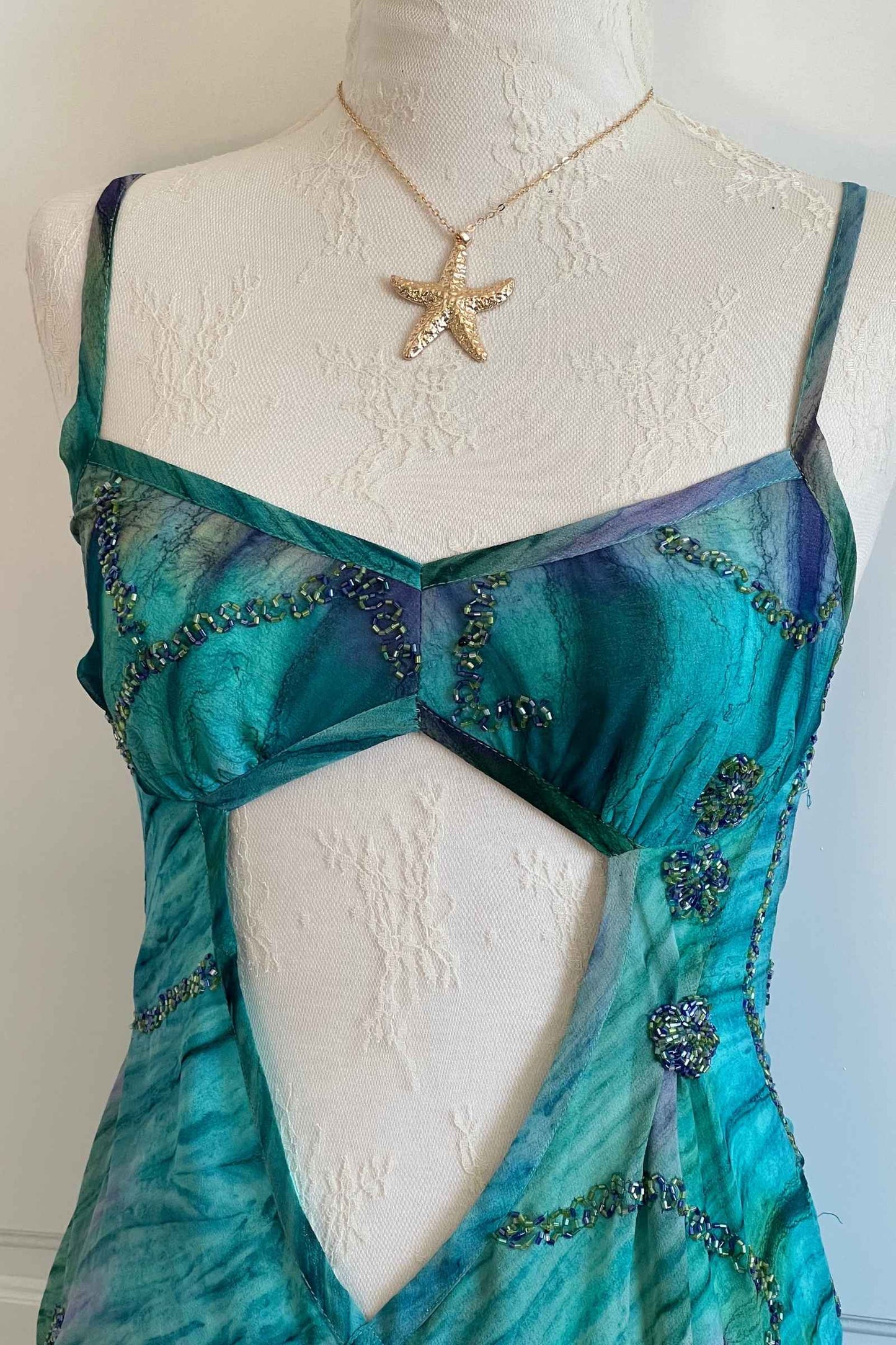 Vintage Teal Mini Beaded Cut-Out Dress