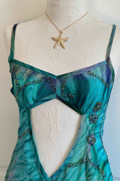 Vintage Teal Mini Beaded Cut-Out Dress
