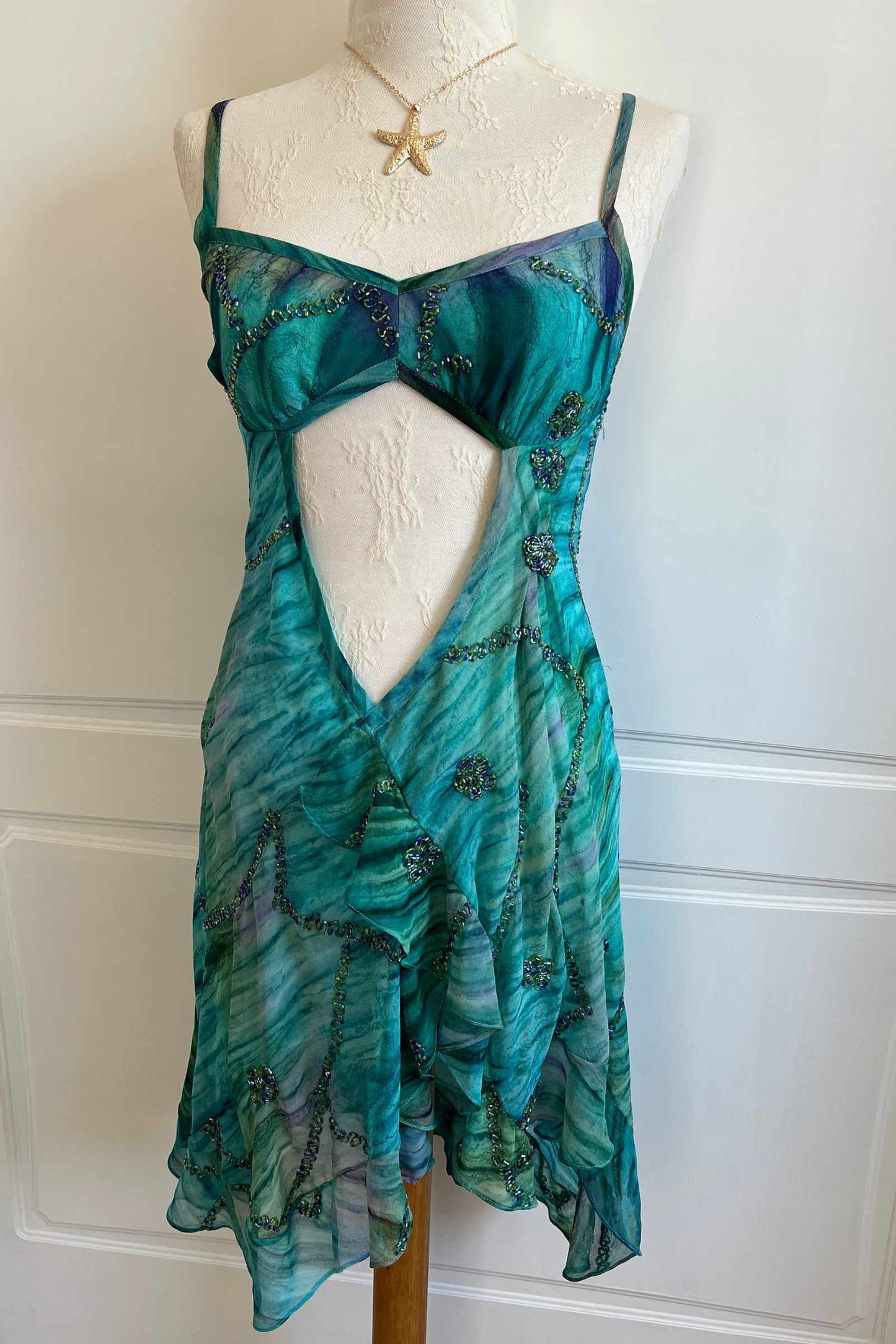 Vintage Teal Mini Beaded Cut-Out Dress