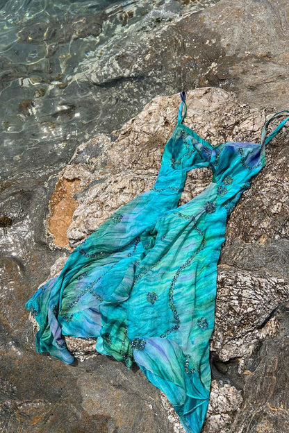 Vintage Teal Mini Beaded Cut-Out Dress