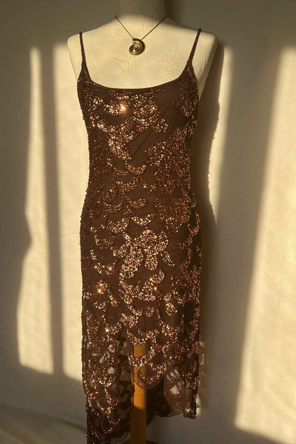 Vintage Bronze Sequin Scalloped Dress & Scarf Ensemble