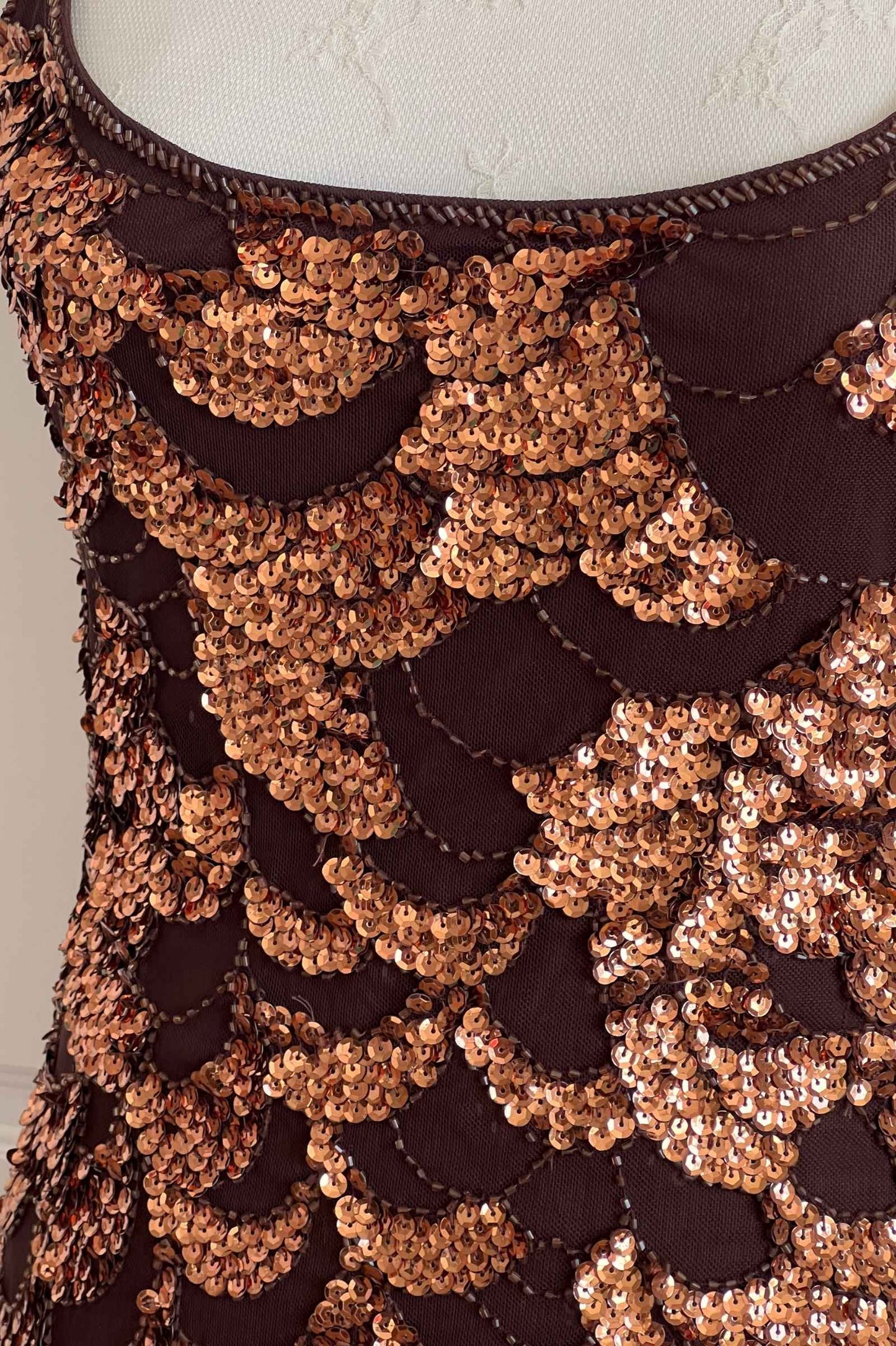 Vintage Bronze Sequin Scalloped Dress & Scarf Ensemble