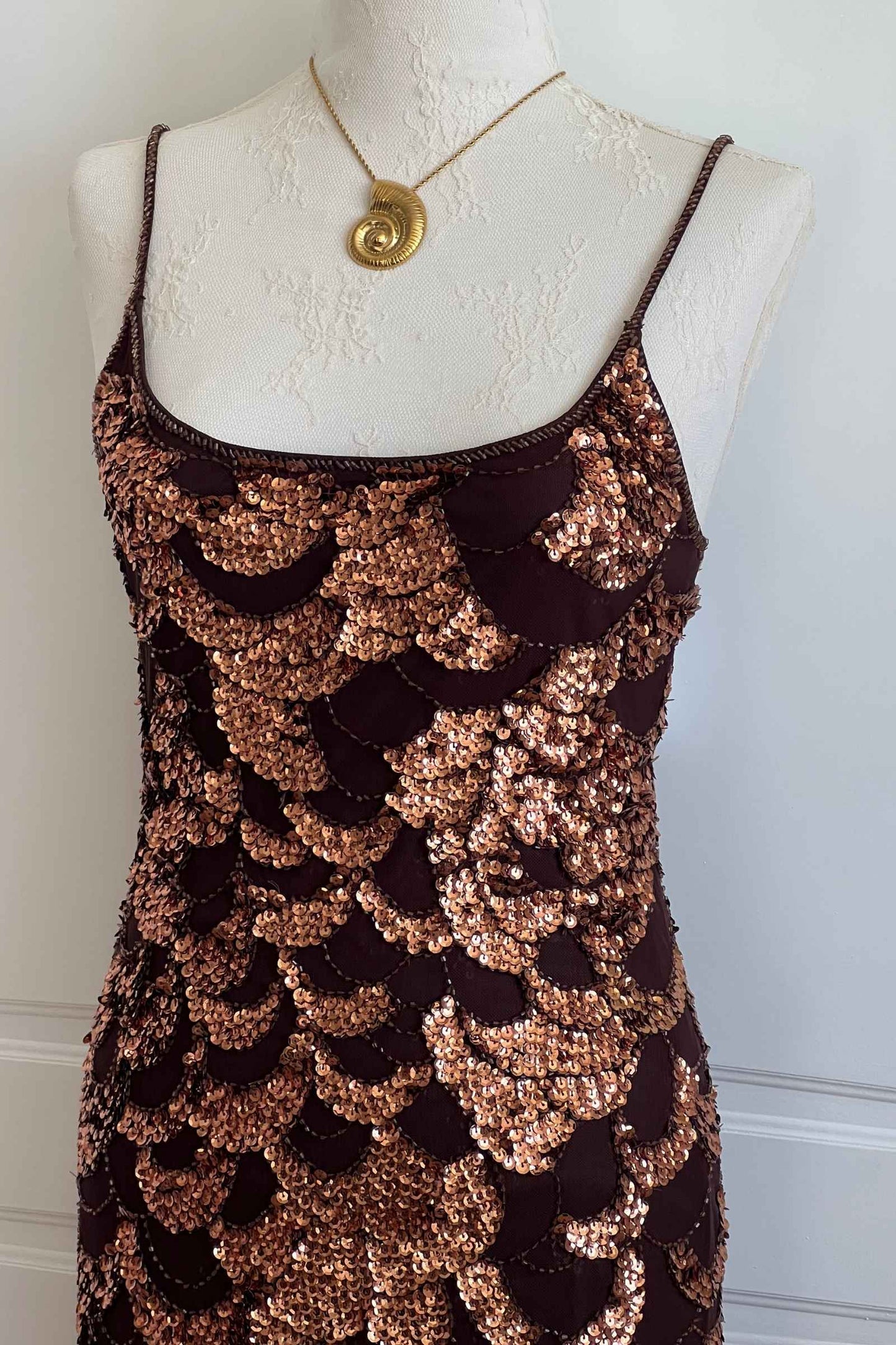 Vintage Bronze Sequin Scalloped Dress & Scarf Ensemble