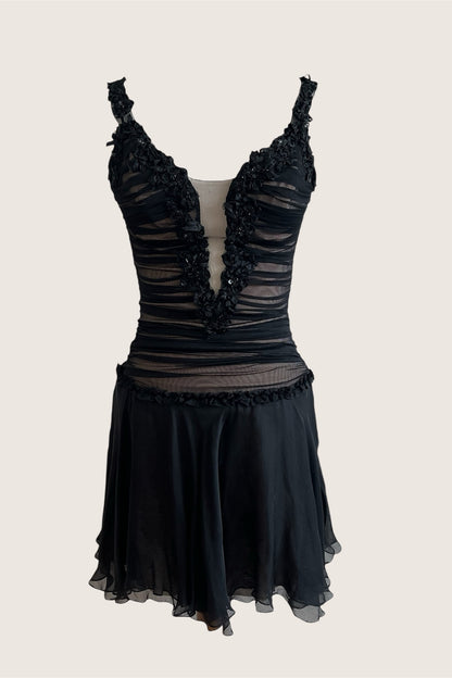 Luxurious Designer 100% Silk Black Corset Mini Dress