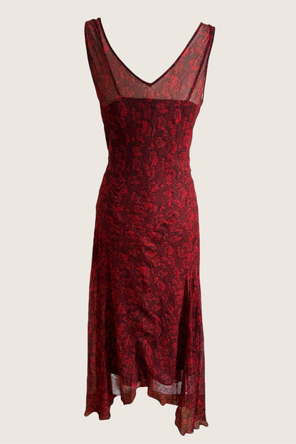Vintage 100% Silk Wine Red Floral Gown