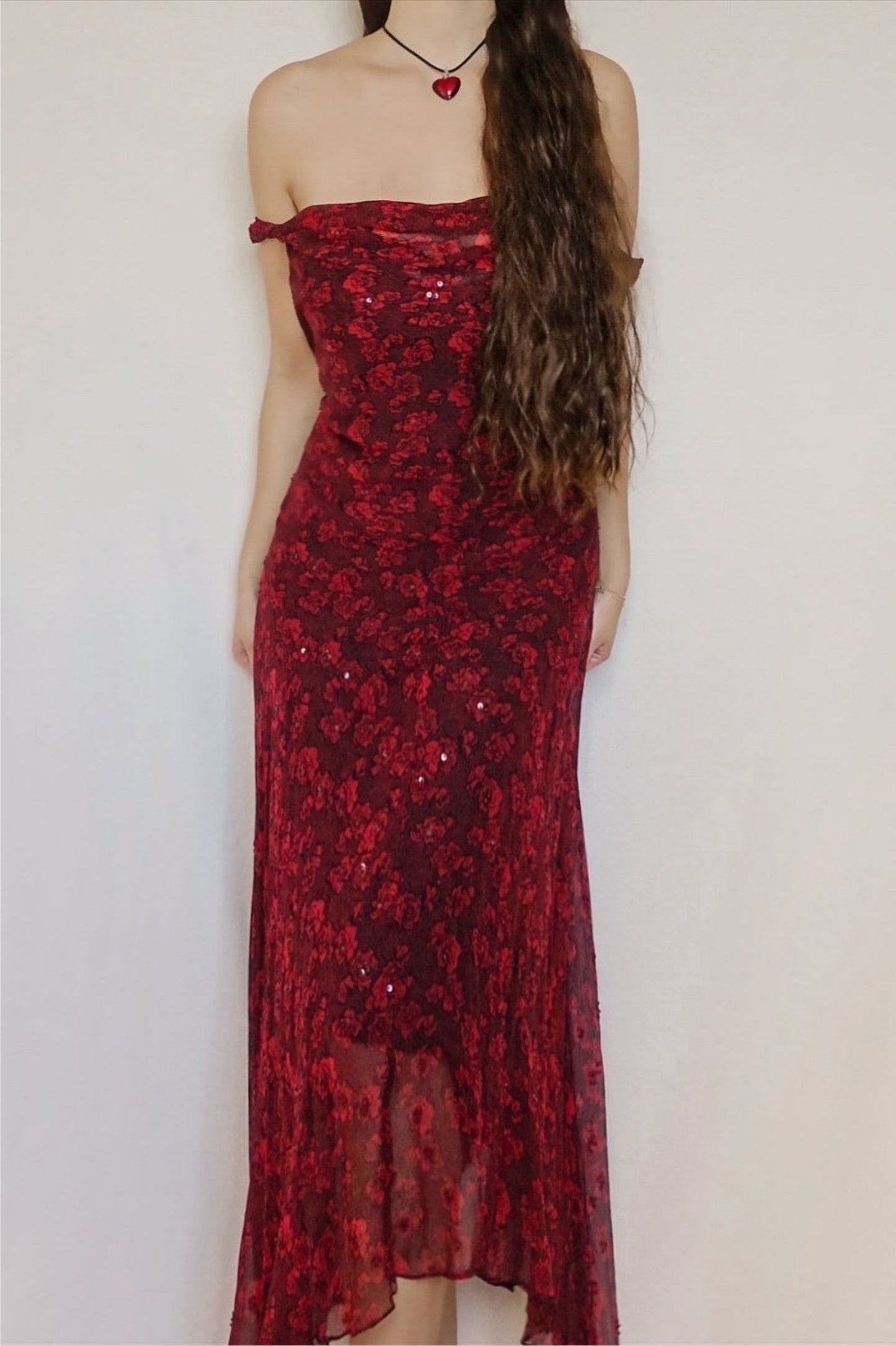 Vintage 100% Silk Wine Red Floral Gown