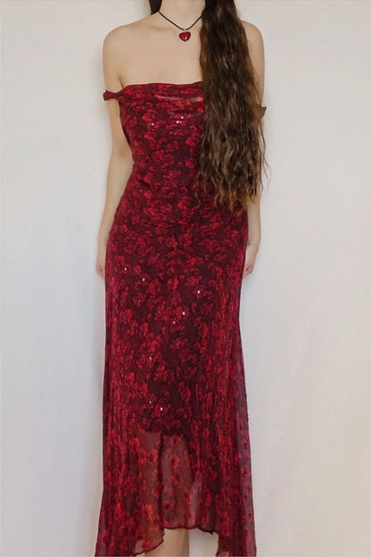 Vintage 100% Silk Wine Red Floral Gown
