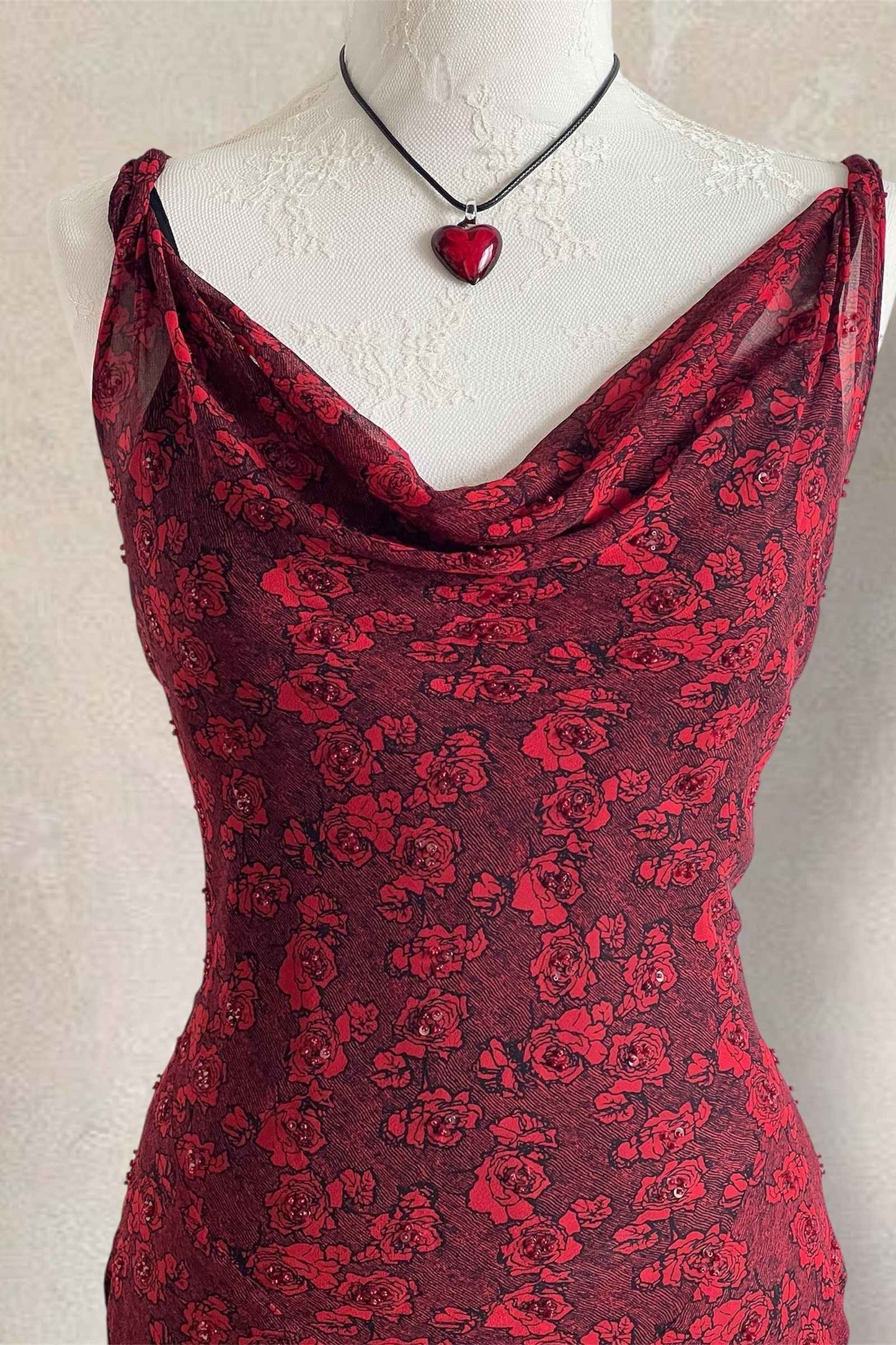 Vintage 100% Silk Wine Red Floral Gown