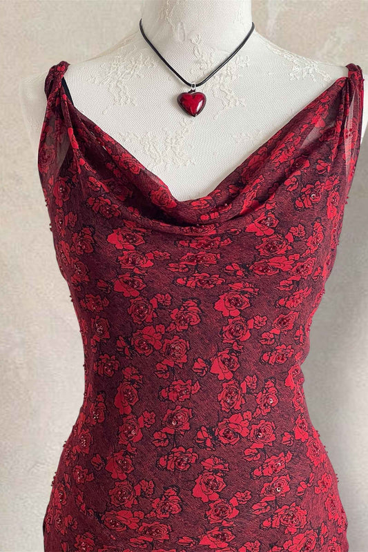 Vintage 100% Silk Wine Red Floral Gown