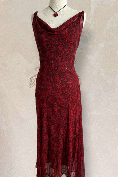Vintage 100% Silk Wine Red Floral Gown
