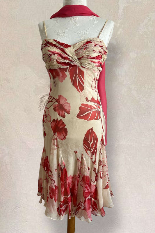 100% Silk Floral Beaded Dress & Scarf Ensemble