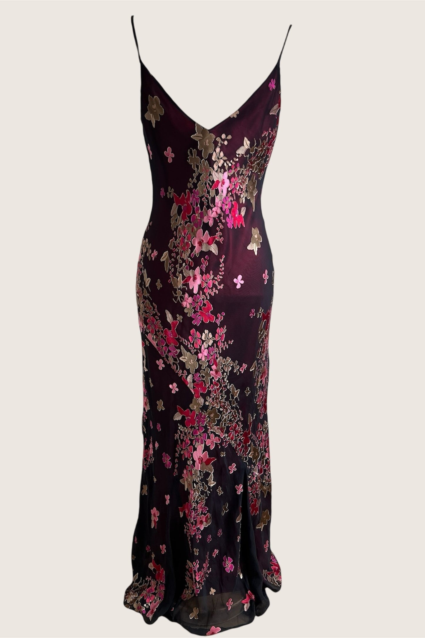 100% Silk Plum Red Floral Overlay Dress