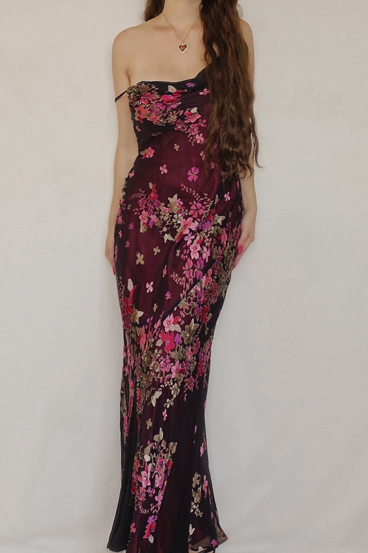 100% Silk Plum Red Floral Overlay Dress