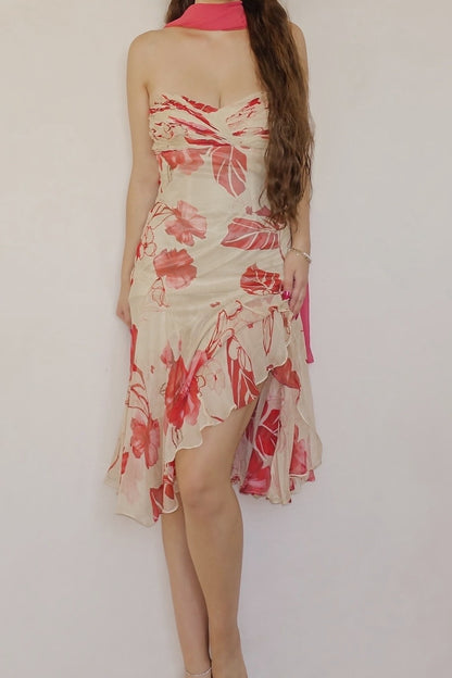 100% Silk Floral Beaded Dress & Scarf Ensemble