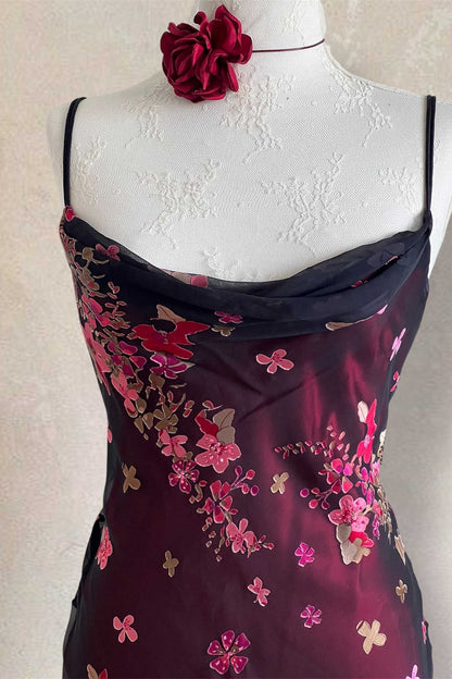 100% Silk Plum Red Floral Overlay Dress