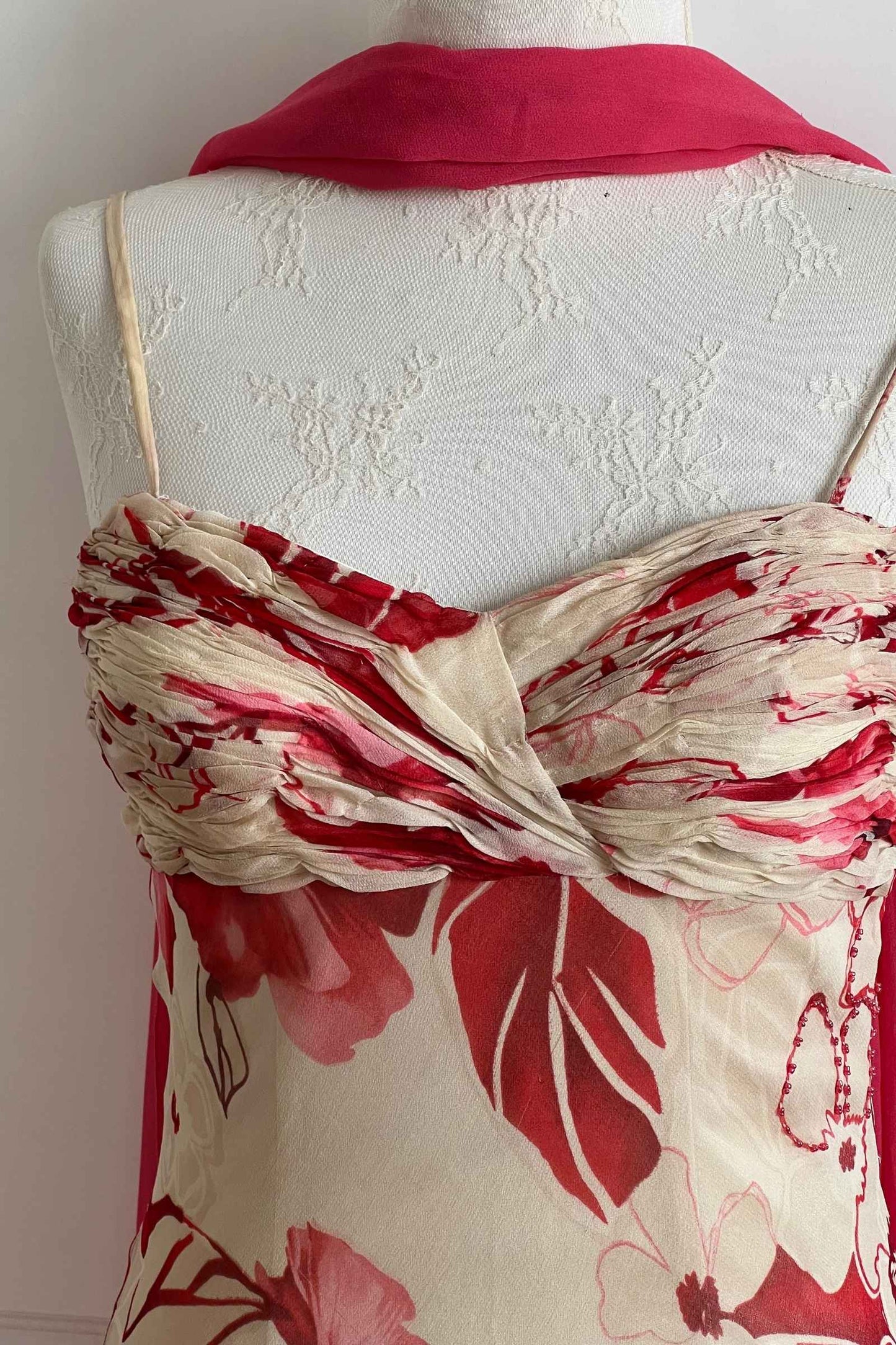 100% Silk Floral Beaded Dress & Scarf Ensemble