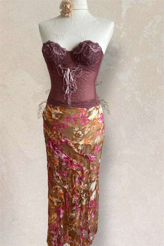 100% Silk Pink & Brown Floral Ruffle Skirt