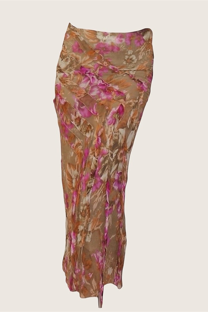 100% Silk Pink & Brown Floral Ruffle Skirt