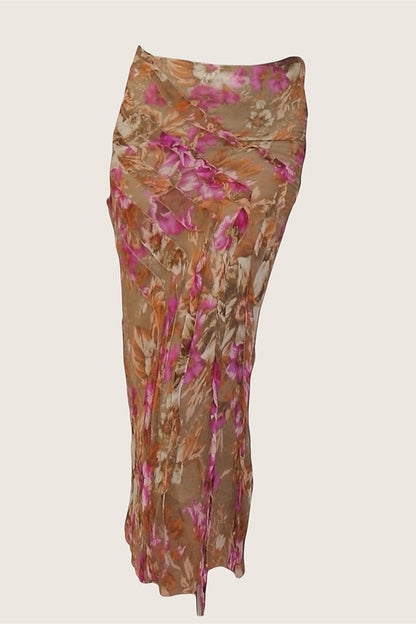 100% Silk Pink & Brown Floral Ruffle Skirt
