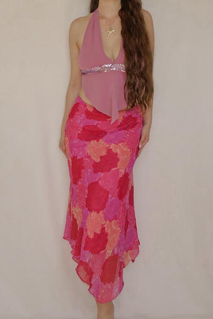 2000's Fuchsia Floral Asymmetrical Skirt