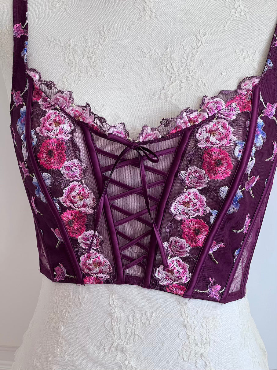 VS Plum Floral Embroidered Boned Corset Top