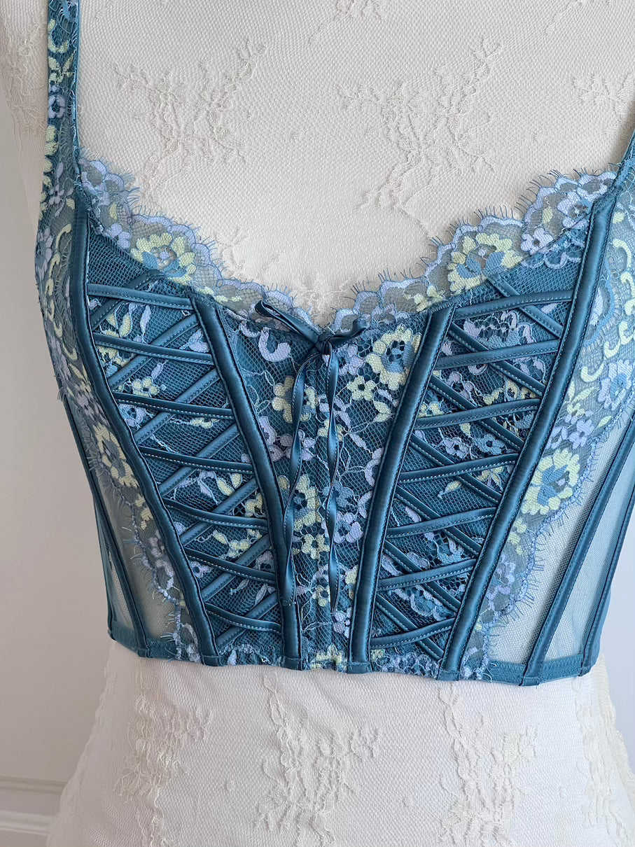 VS Teal Blue Lace Floral Boned Corset Top