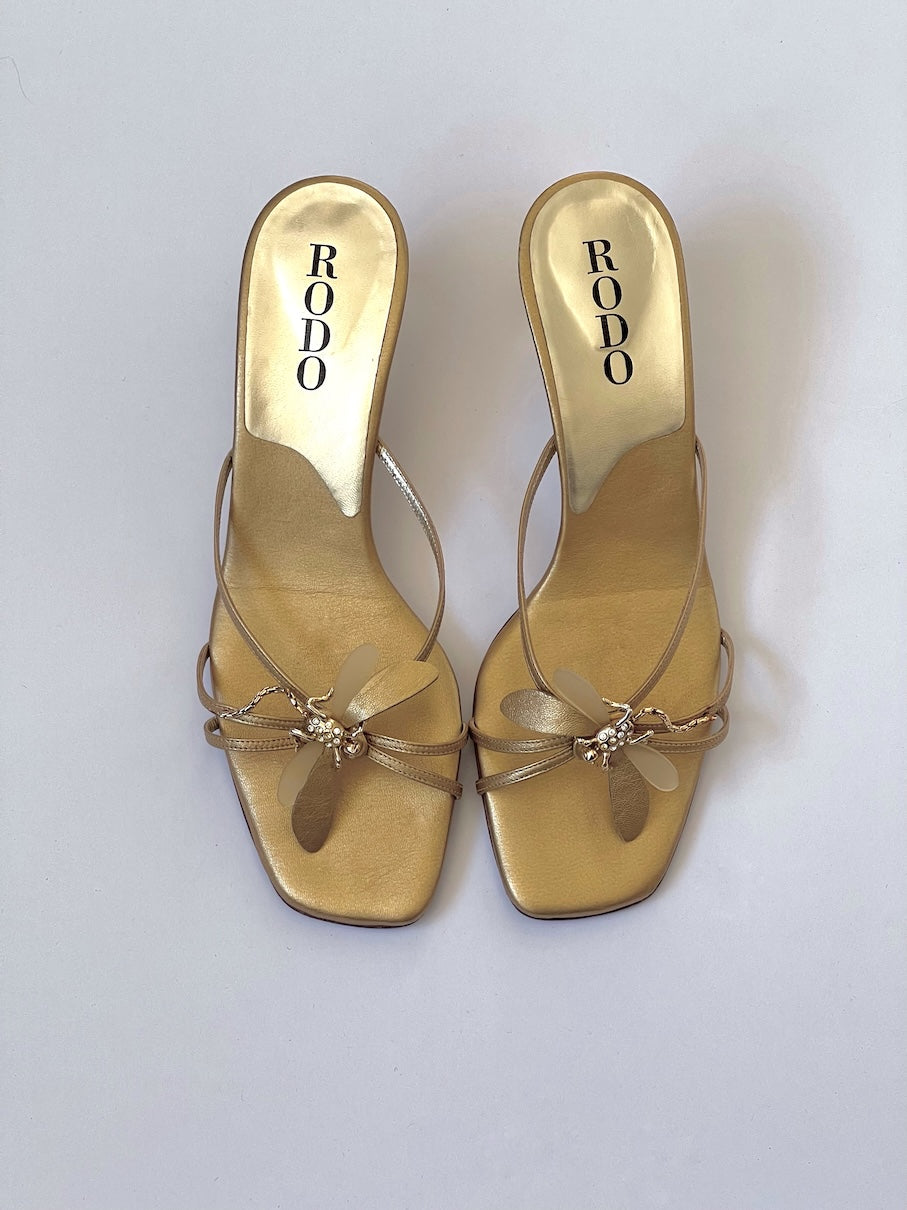 Vintage Gold Leather Dragonfly Mule Heels (EU 38)