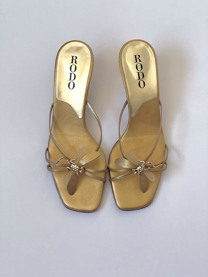 Vintage Gold Leather Dragonfly Mule Heels (EU 38)