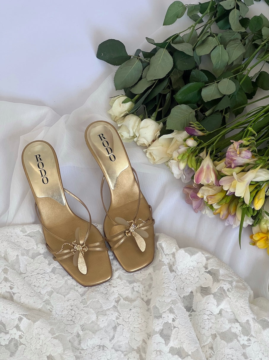 Vintage Gold Leather Dragonfly Mule Heels (EU 38)