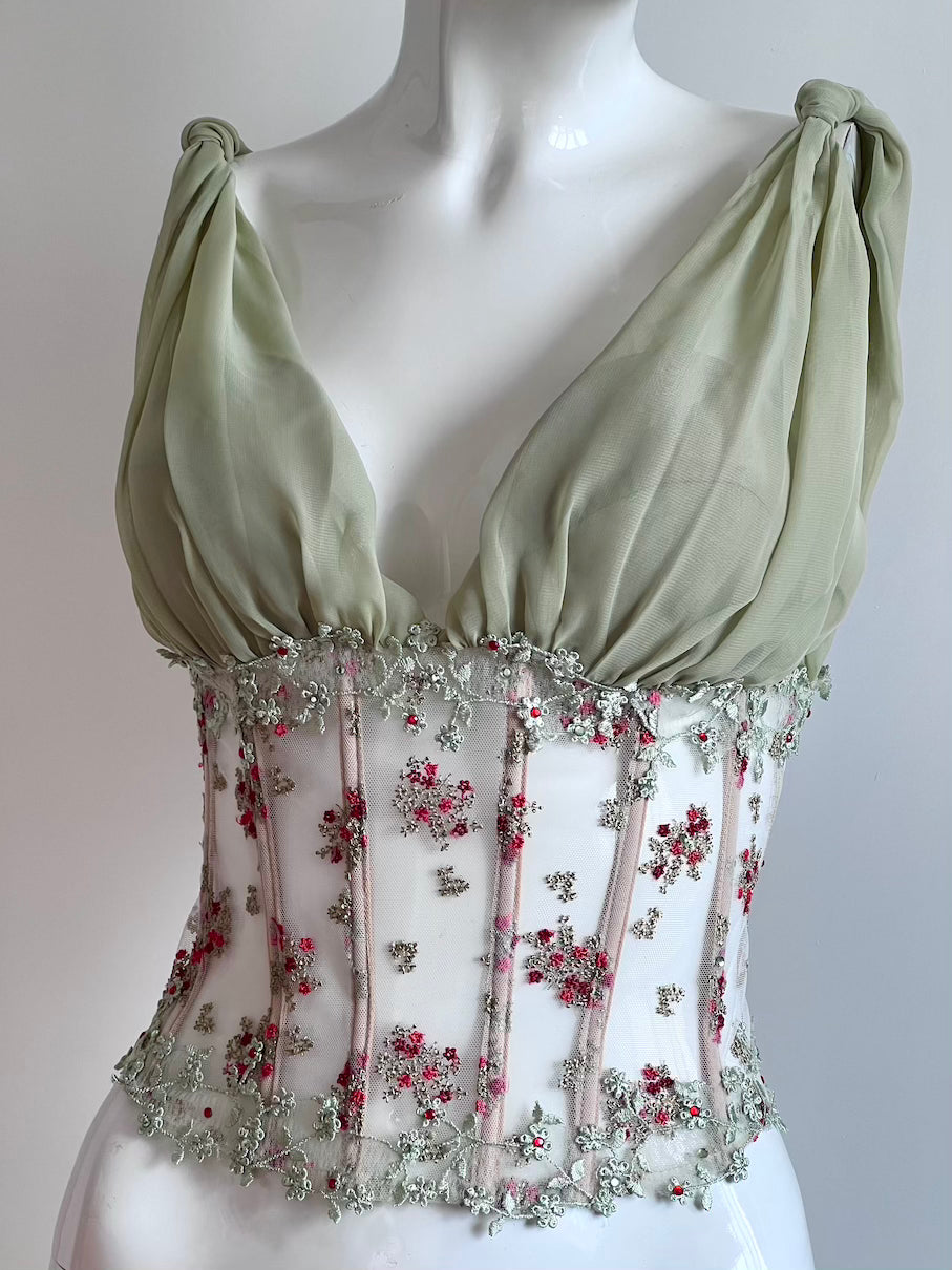 Luxurious Designer Sage Green Floral Corset