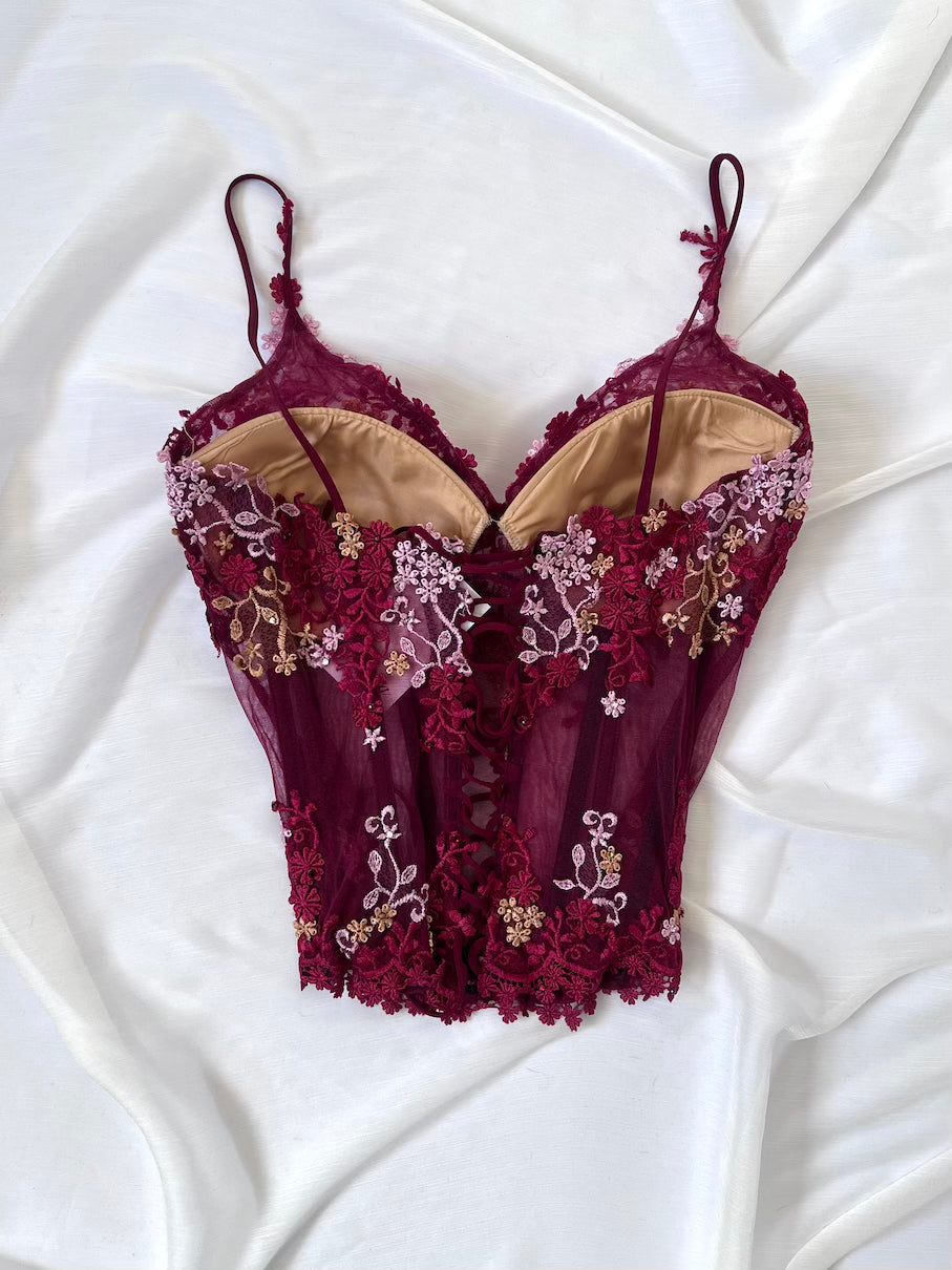 Luxurious Designer Wine Red Floral Corset