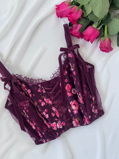 VS Plum Lace Floral Boned Corset Top