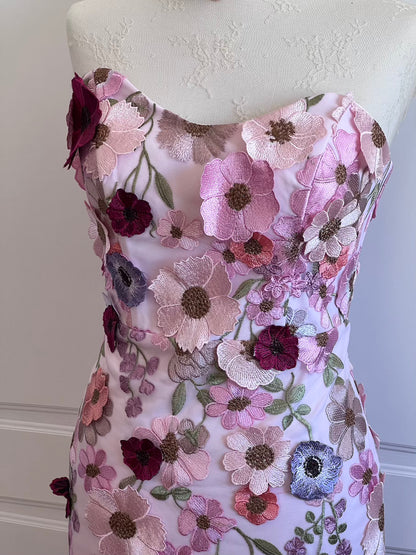 Pink Floral Appliqué Corset Mini Dress