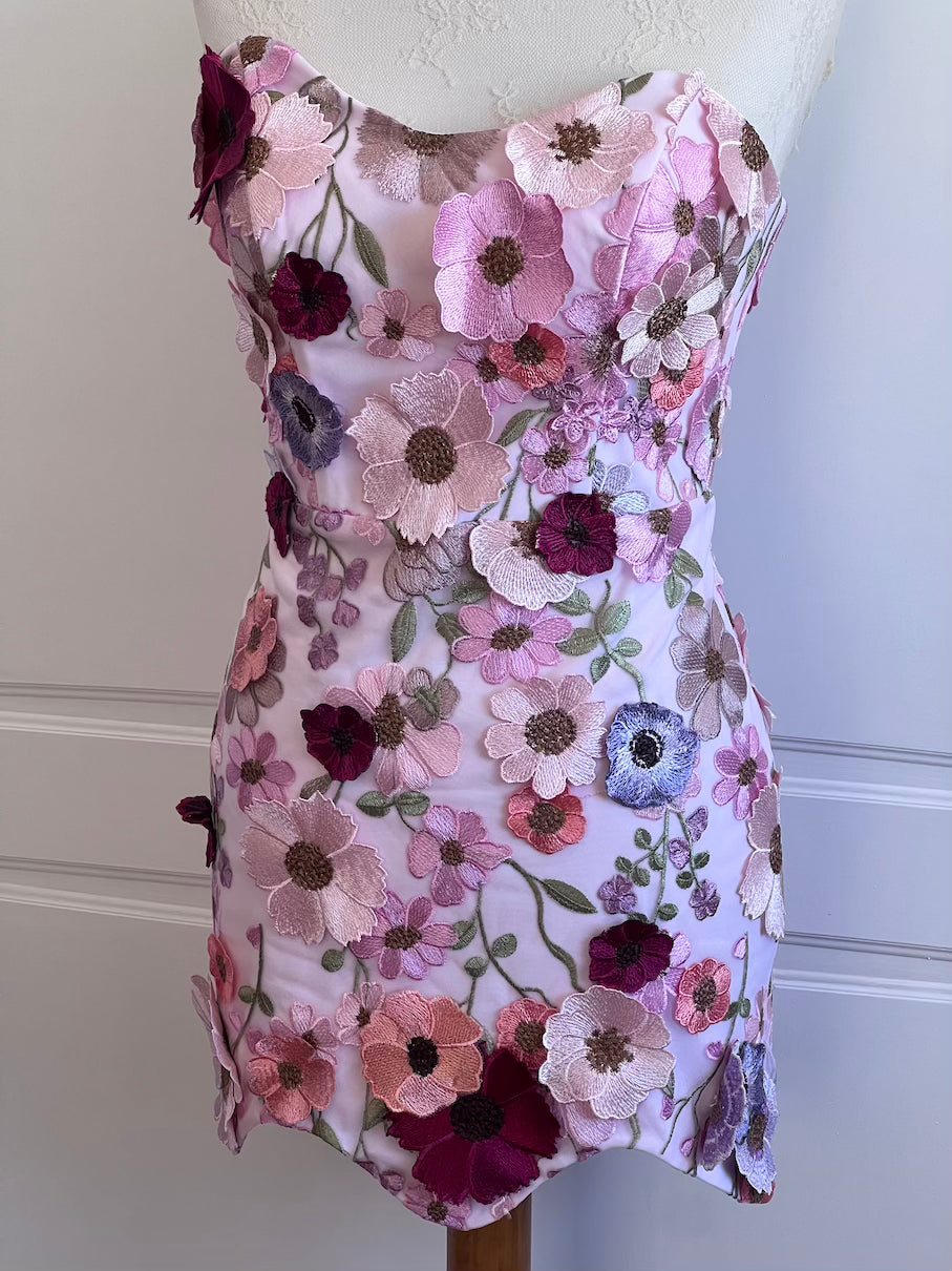 Pink Floral Appliqué Corset Mini Dress