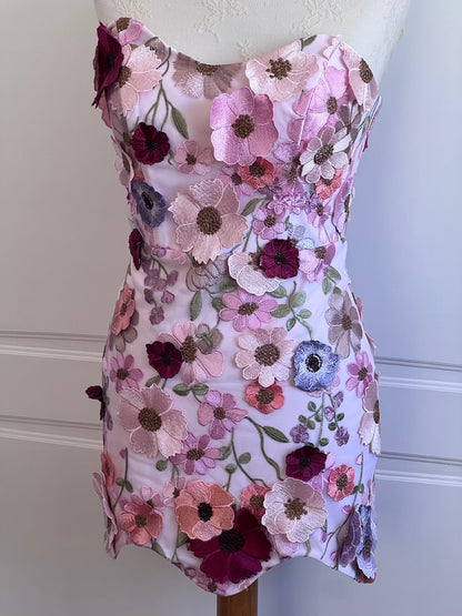 Pink Floral Appliqué Corset Mini Dress