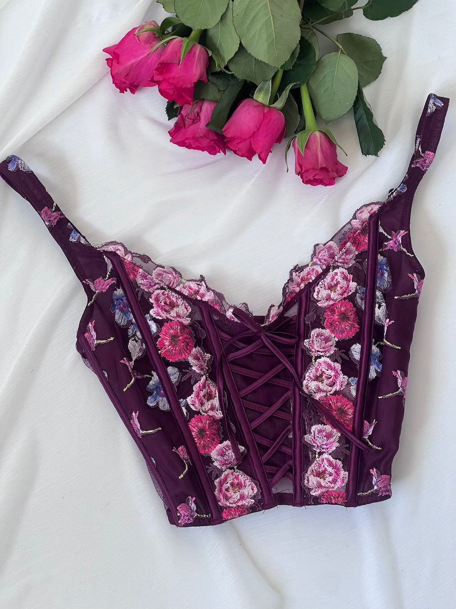 VS Plum Floral Embroidered Boned Corset Top