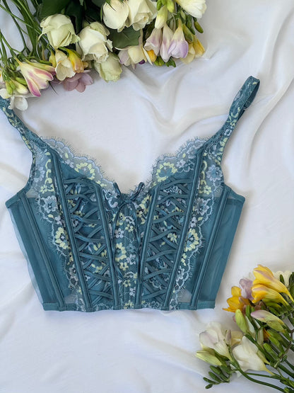 VS Teal Blue Lace Floral Boned Corset Top