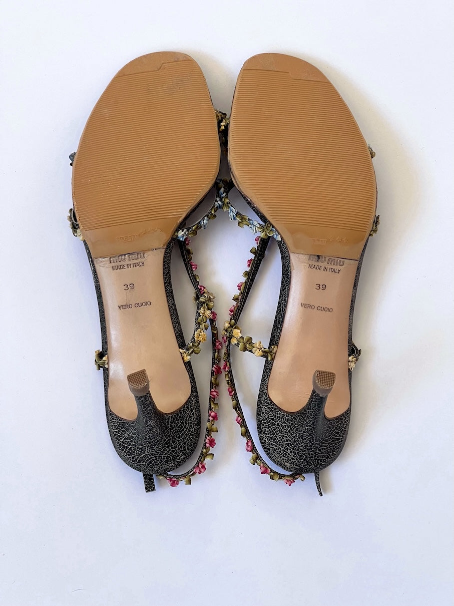 Miu Miu Vintage Leather Flower Sandal Heels (EU 39)