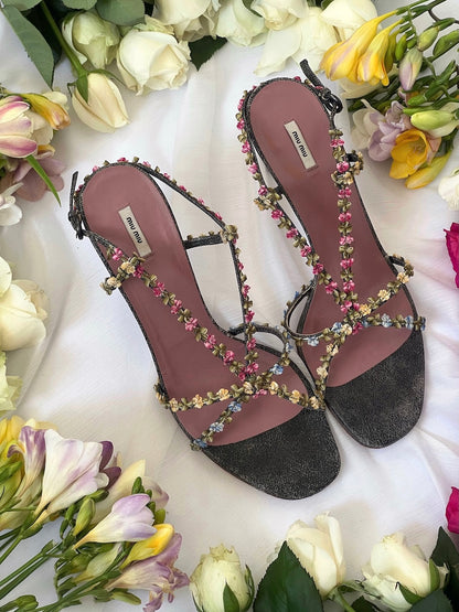 vintage Miu Miu leather flower sandal heels with 9cm heel, side view, Made in Italy