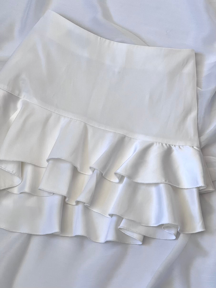 Vintage 1990's White Satin Ruffle Mini Skirt