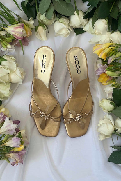 Vintage Gold Leather Dragonfly Mule Heels (EU 38)