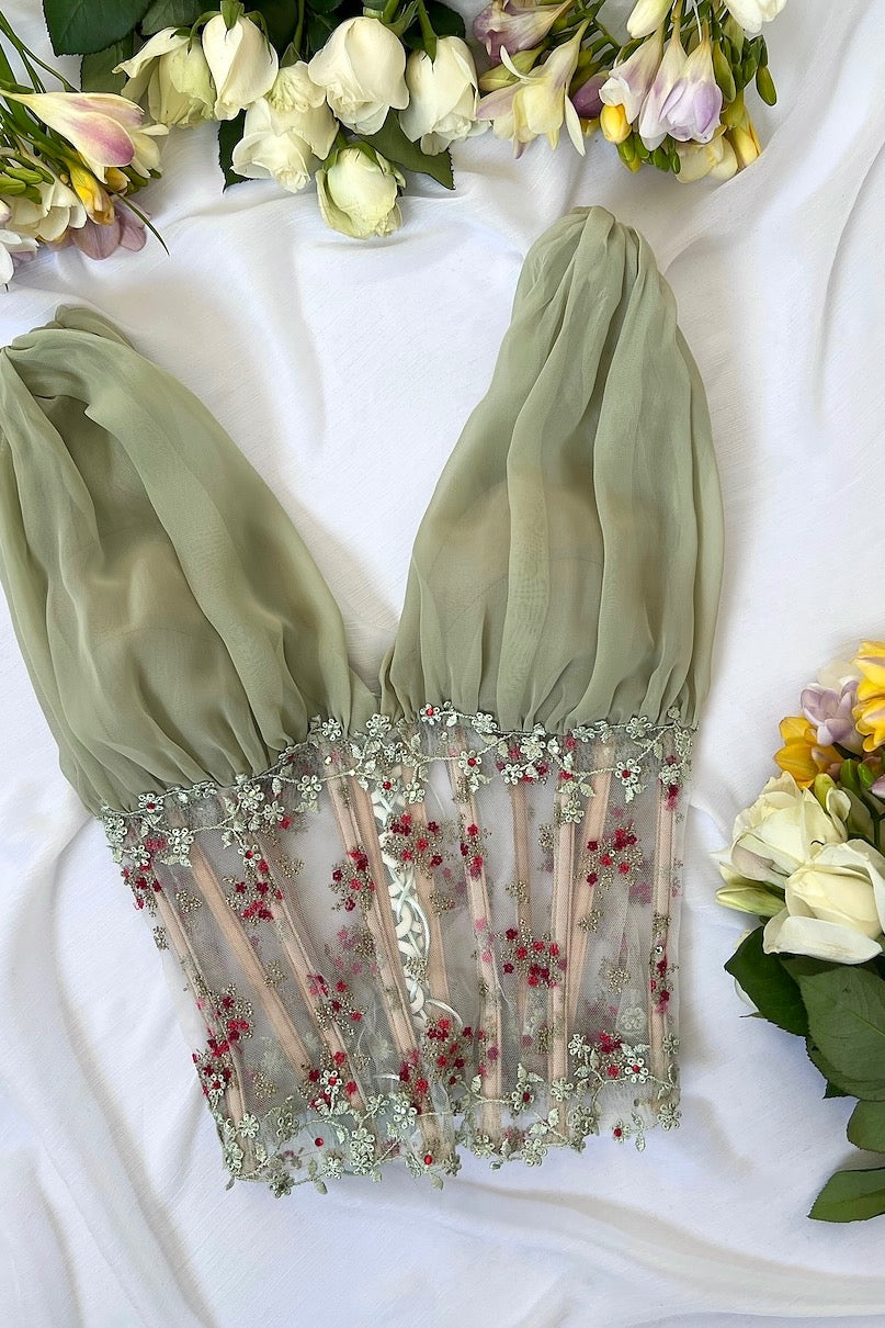 Luxurious Designer Sage Green Floral Corset