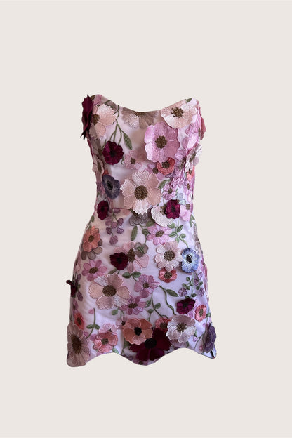 Pink Floral Appliqué Corset Mini Dress