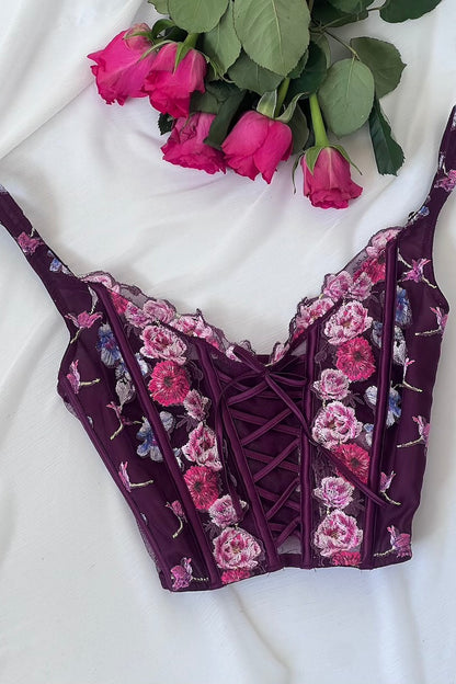 VS Plum Floral Embroidered Boned Corset Top