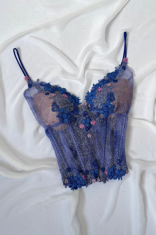Luxurious Designer Violet Blue Floral Corset