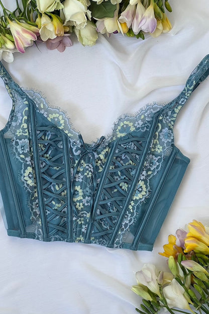 VS Teal Blue Lace Floral Boned Corset Top