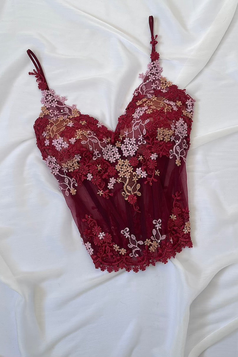 Luxurious Designer Wine Red Floral Corset
