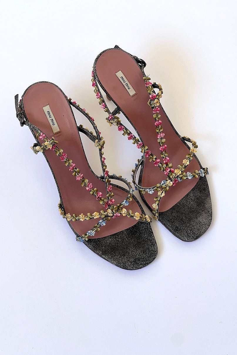 Vintage Miu Miu leather flower sandal heels EU 39, thumbnail view