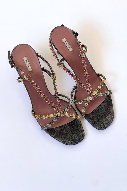 Vintage Miu Miu leather flower sandal heels EU 39, thumbnail view